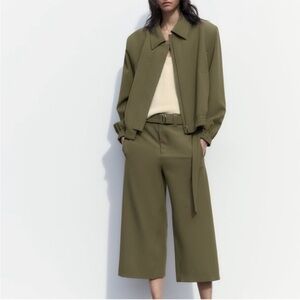 Zara Olive Green Wide-Leg Cropped Pants